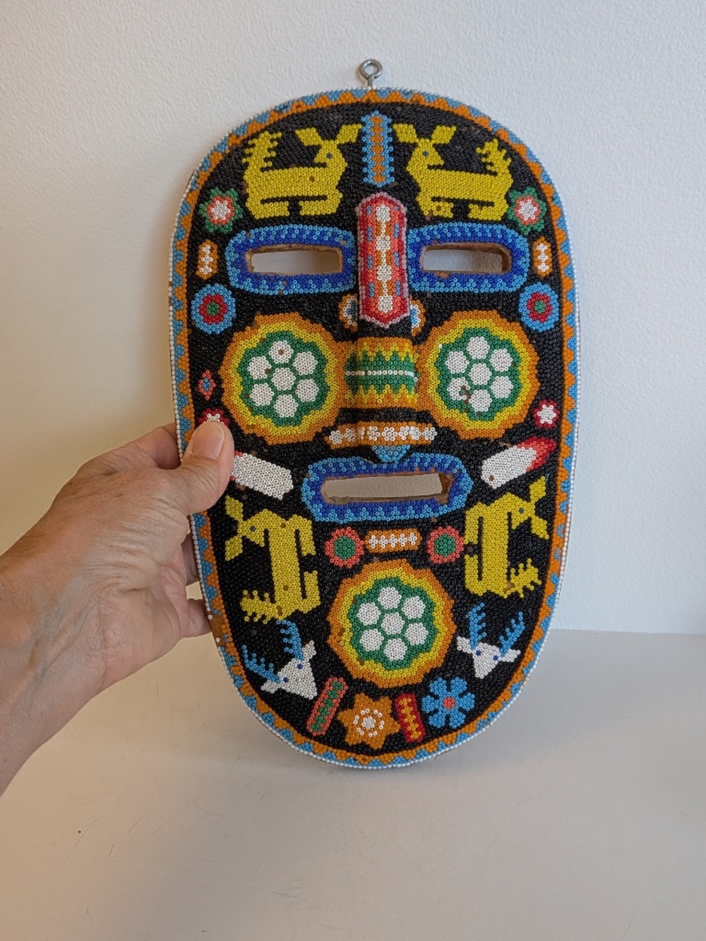 Mexican Huichol Hand Beaded Wall Mask Scorpions Deer Flowers 11" Folk Art READ